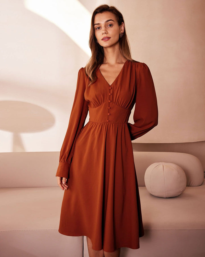 SALE | Orange Pleated Midi Dress with V-Neck and Buttons for an Elegant Look