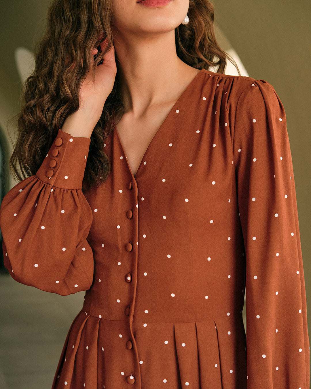 SALE | Chic Brown Polka Dot Pleated Midi Dress for Elegant Occasions