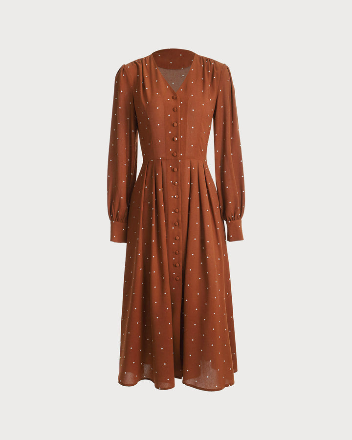 SALE | Chic Brown Polka Dot Pleated Midi Dress for Elegant Occasions