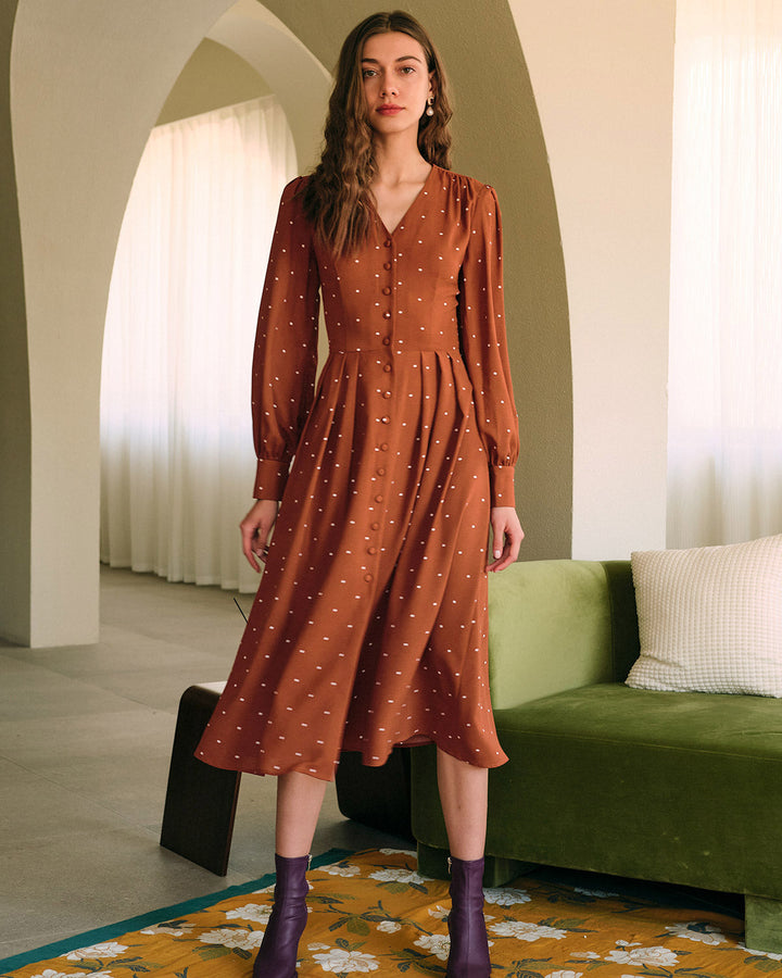 SALE | Chic Brown Polka Dot Pleated Midi Dress for Elegant Occasions