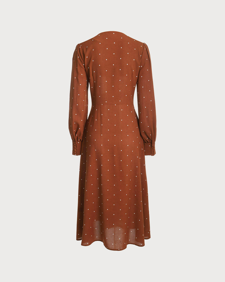 SALE | Chic Brown Polka Dot Pleated Midi Dress for Elegant Occasions