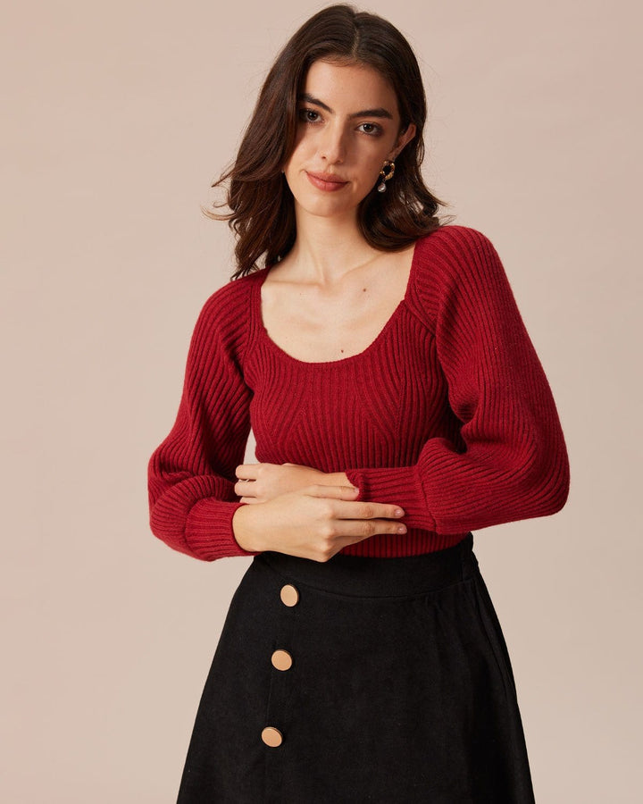 SALE | Red scoop-neck sweatshirt with lantern sleeves for a stylish and warm look