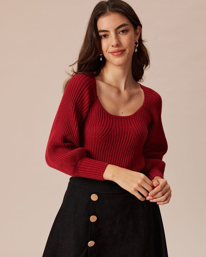 SALE | Red scoop-neck sweatshirt with lantern sleeves for a stylish and warm look