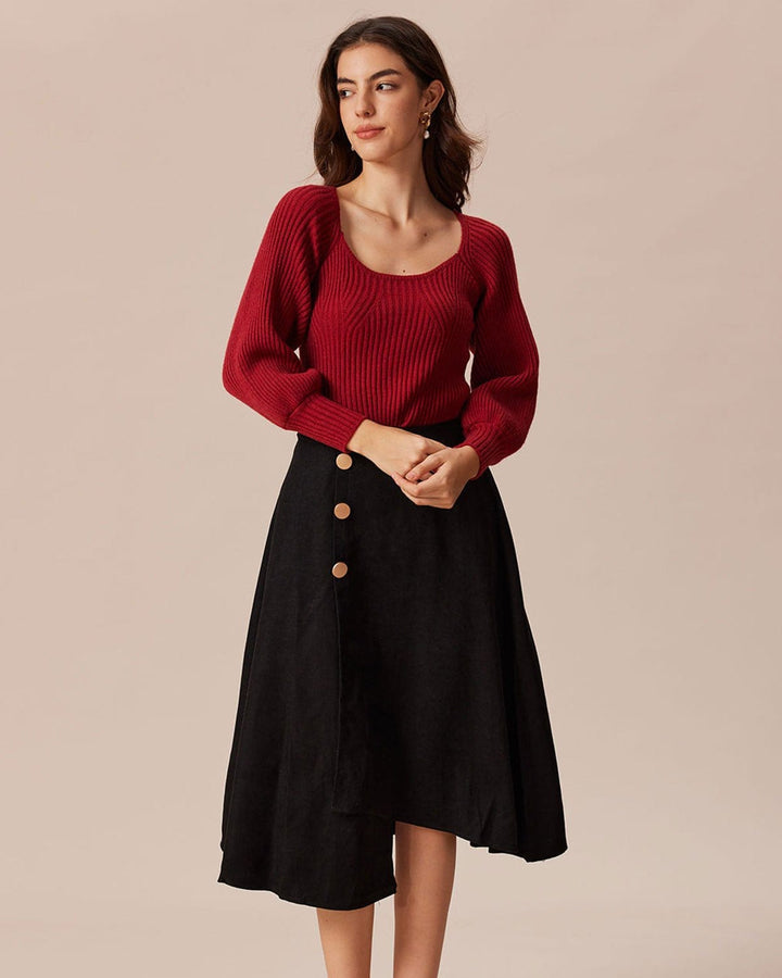SALE | Red scoop-neck sweatshirt with lantern sleeves for a stylish and warm look