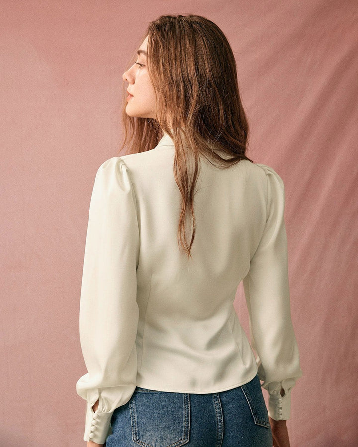 SALE | Solid-collar satin blouse with puff sleeves