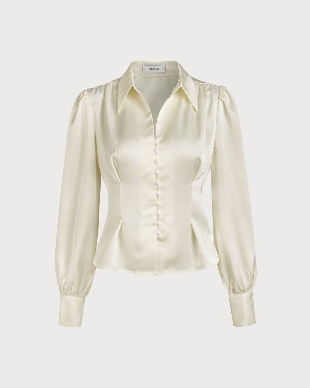 SALE | Solid-collar satin blouse with puff sleeves
