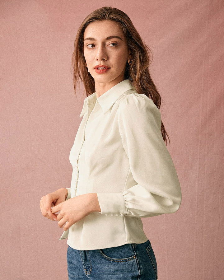 SALE | Solid-collar satin blouse with puff sleeves
