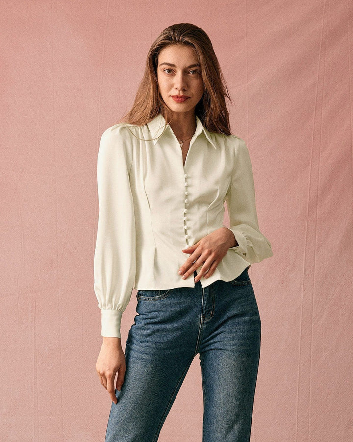 SALE | Solid-collar satin blouse with puff sleeves