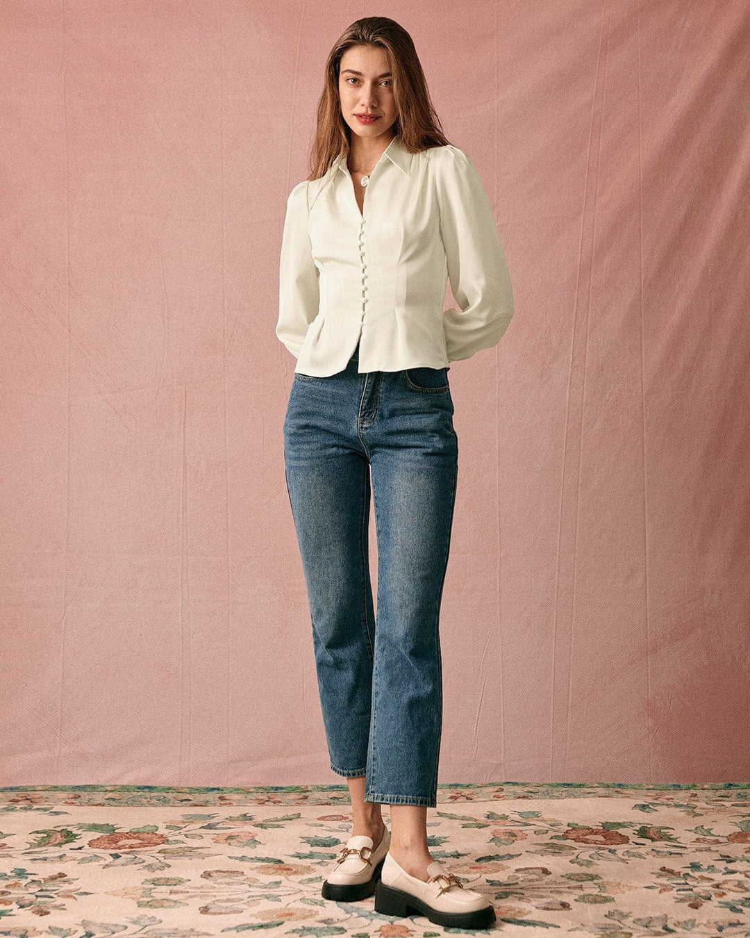 SALE | Solid-collar satin blouse with puff sleeves