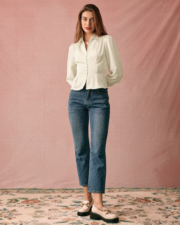 SALE | Solid-collar satin blouse with puff sleeves