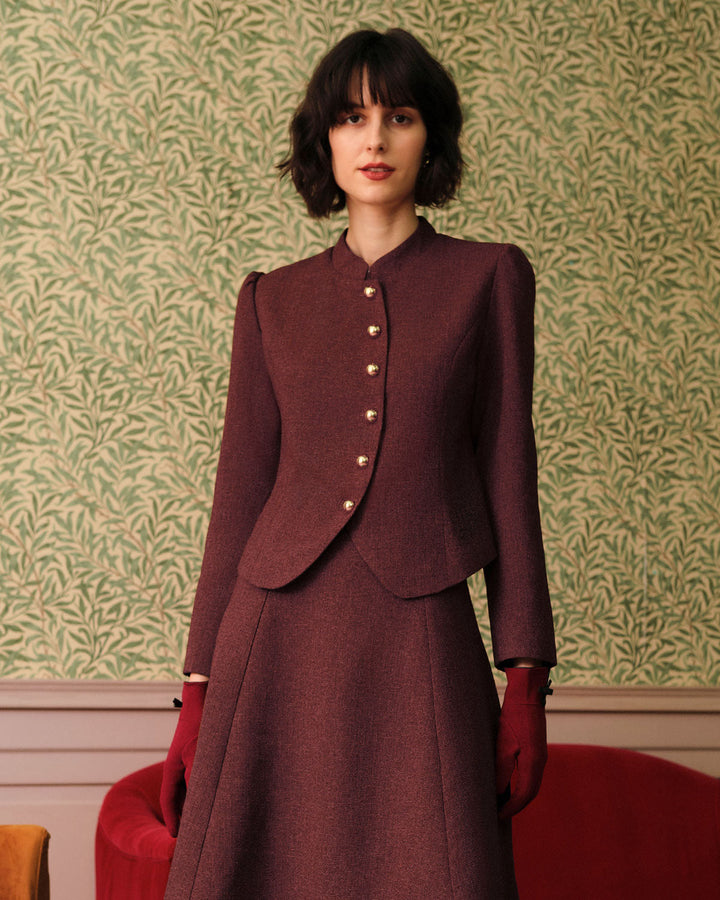 SALE | Elegant Burgundy Single-Breasted Classic Tweed Retro Jacket