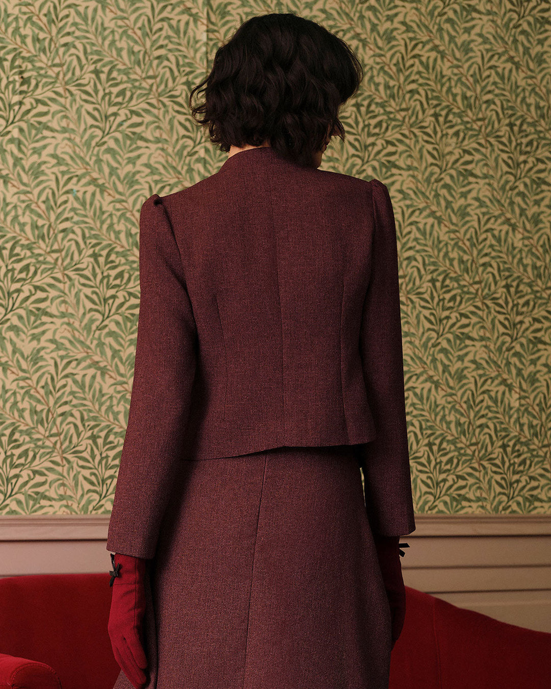 SALE | Elegant Burgundy Single-Breasted Classic Tweed Retro Jacket