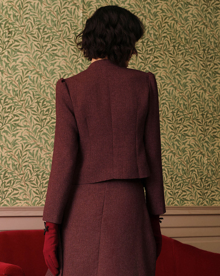 SALE | Elegant Burgundy Single-Breasted Classic Tweed Retro Jacket