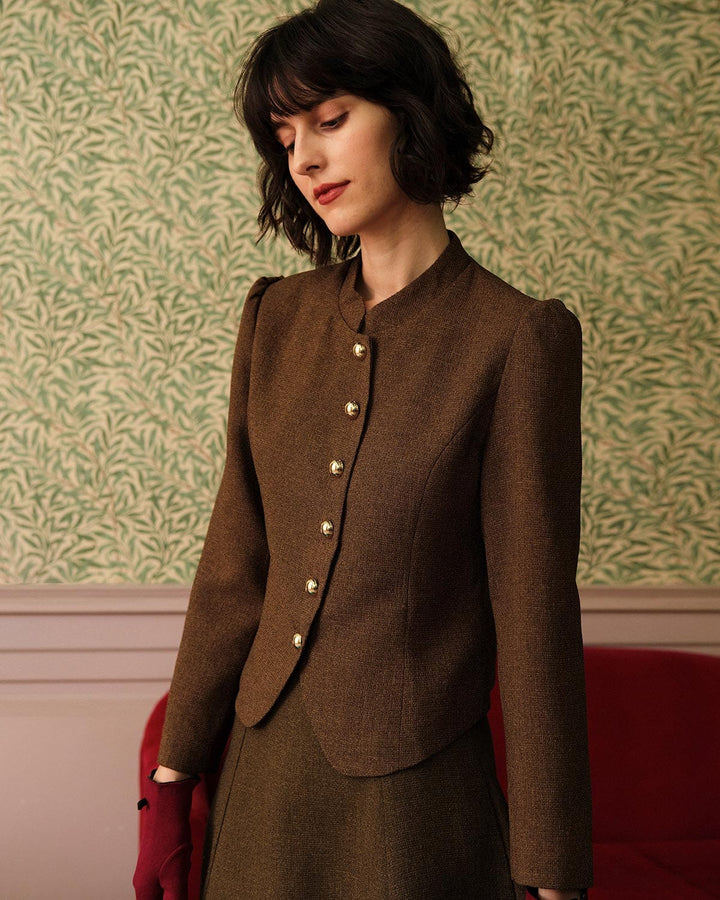 SALE | Retro Solid Tweed Bomber Jacket with Single Button for a Classic and Elegant Style