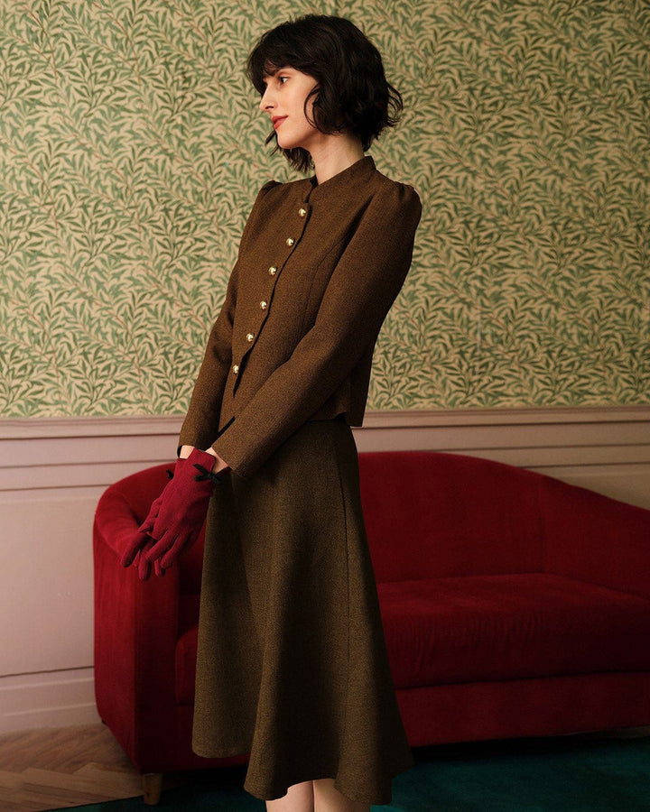 SALE | Retro Solid Tweed Bomber Jacket with Single Button for a Classic and Elegant Style