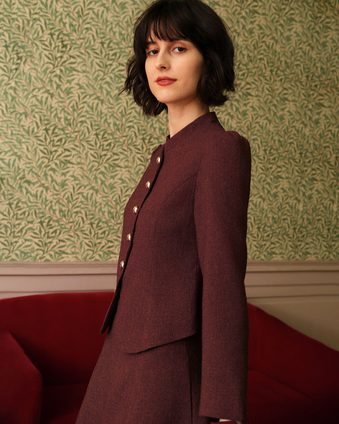 SALE | Elegant Burgundy Single-Breasted Classic Tweed Retro Jacket