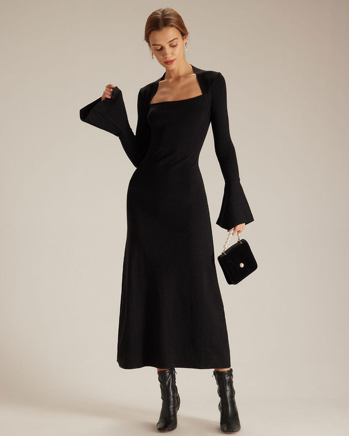 SALE | Elegant Black Square Collar Midi Dress with Flared Sleeves