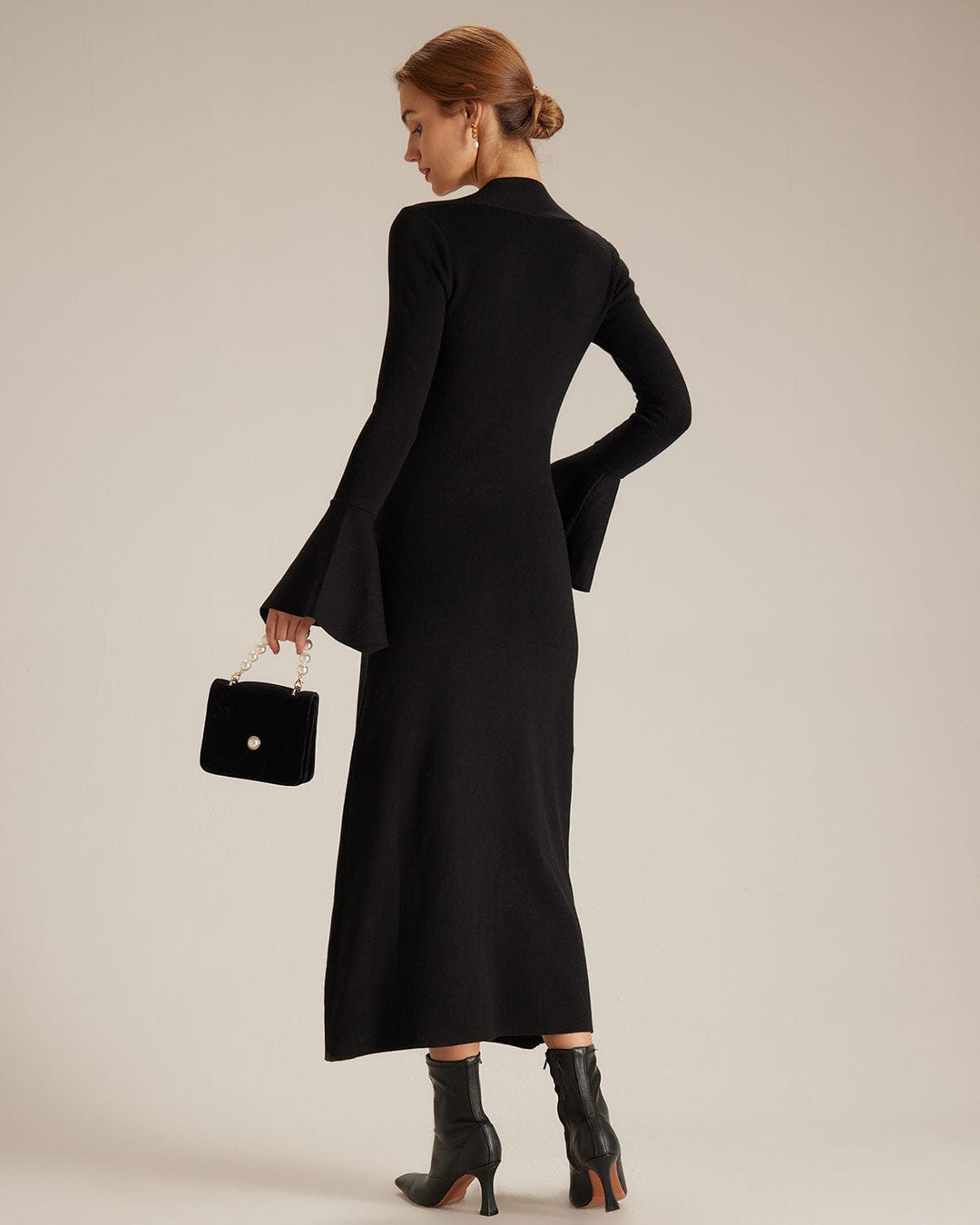 SALE | Elegant Black Square Collar Midi Dress with Flared Sleeves