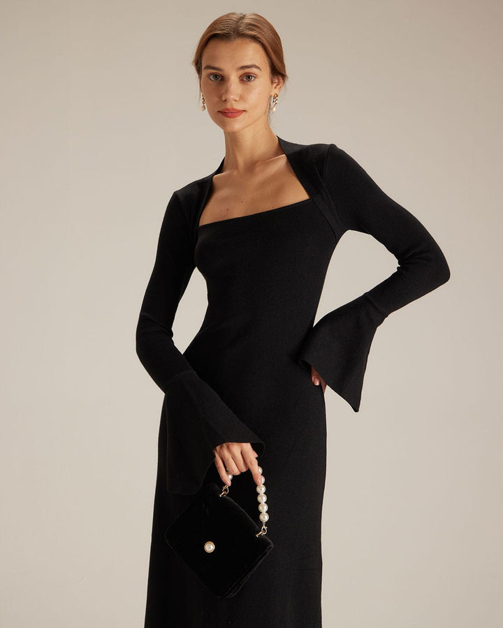 SALE | Elegant Black Square Collar Midi Dress with Flared Sleeves
