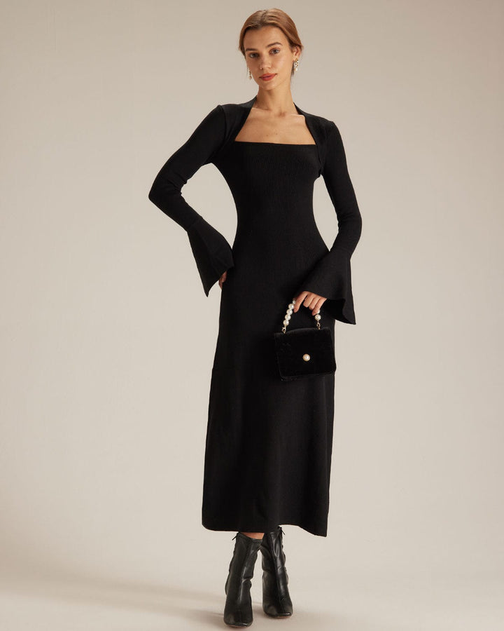 SALE | Elegant Black Square Collar Midi Dress with Flared Sleeves