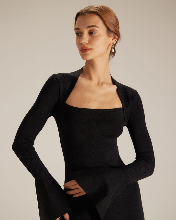 SALE | Elegant Black Square Collar Midi Dress with Flared Sleeves