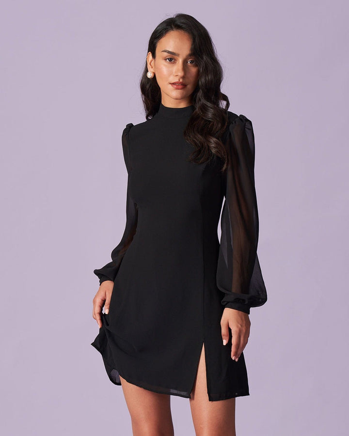 SALE | Mini Transparent Dress with Turtleneck in Black with Elegant Opening