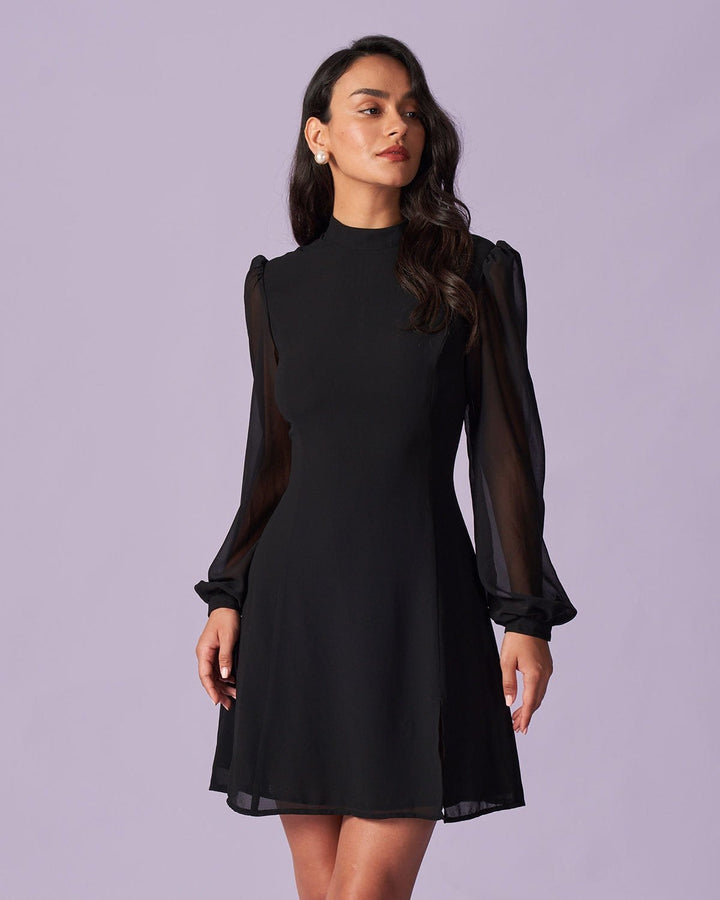 SALE | Mini Transparent Dress with Turtleneck in Black with Elegant Opening
