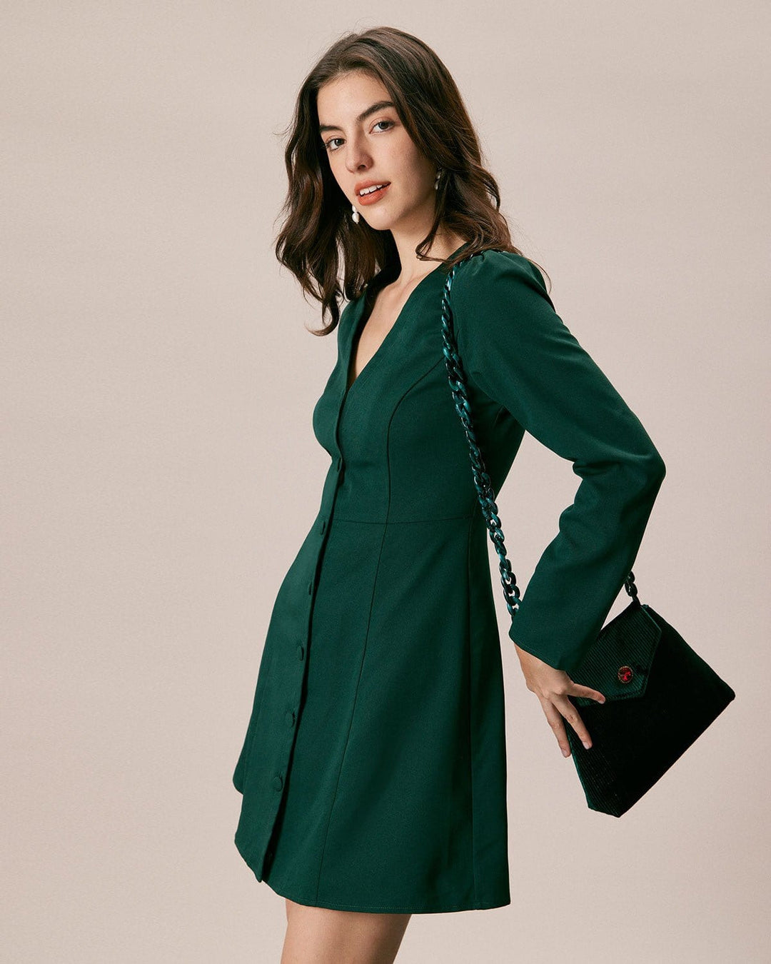 SALE | Chic Green V-Neck Button Placket Minidress