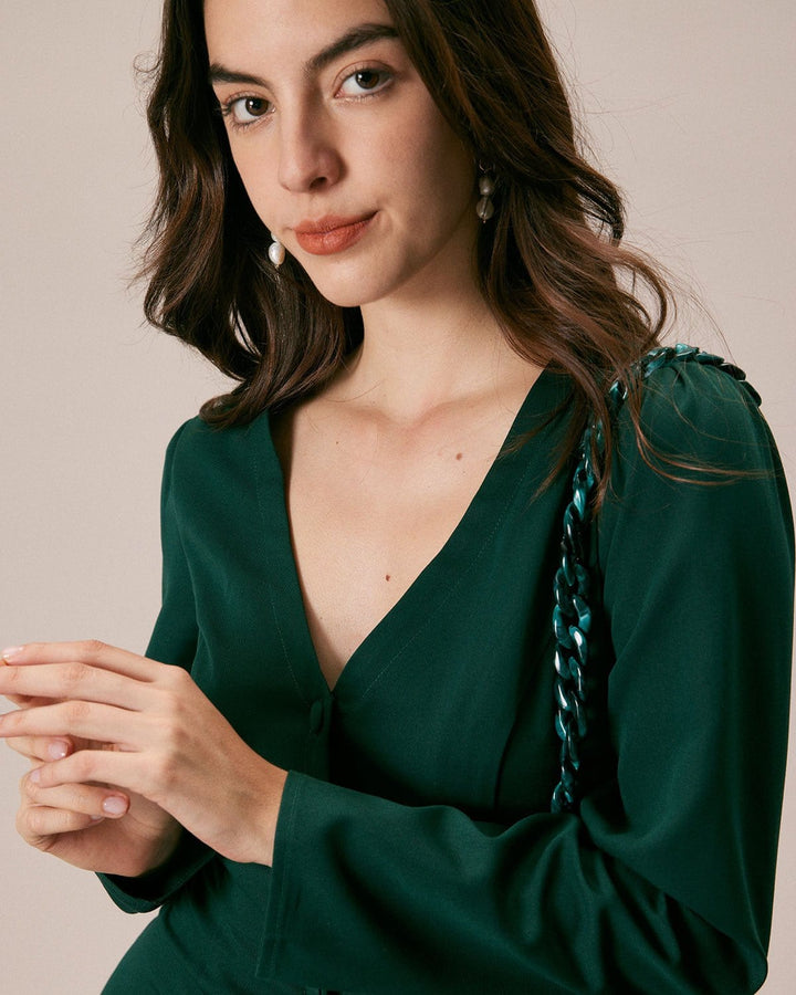 SALE | Chic Green V-Neck Button Placket Minidress