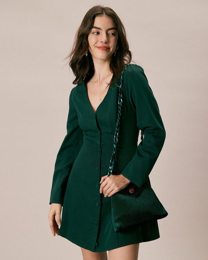 SALE | Chic Green V-Neck Button Placket Minidress