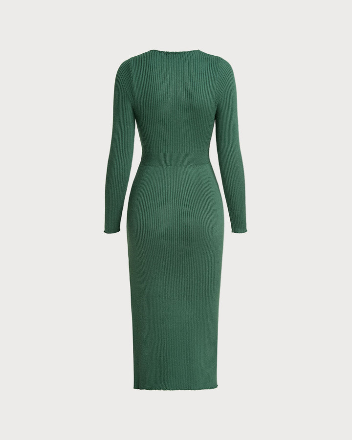 SALE | Elegant Green V-Neck Pullover Dress with Side Slit