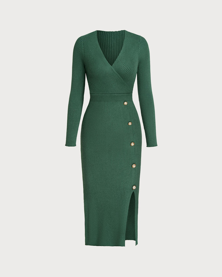 SALE | Elegant Green V-Neck Pullover Dress with Side Slit