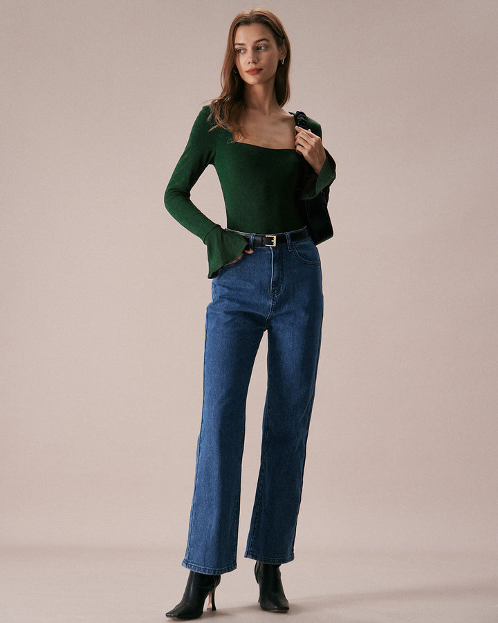 SALE | Elegant green ribbed knit T-shirt with bell sleeves