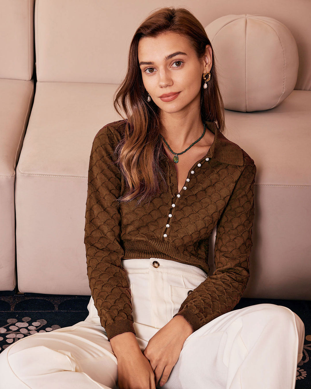 SALE | Brown Pearl Buttons Knit Tee