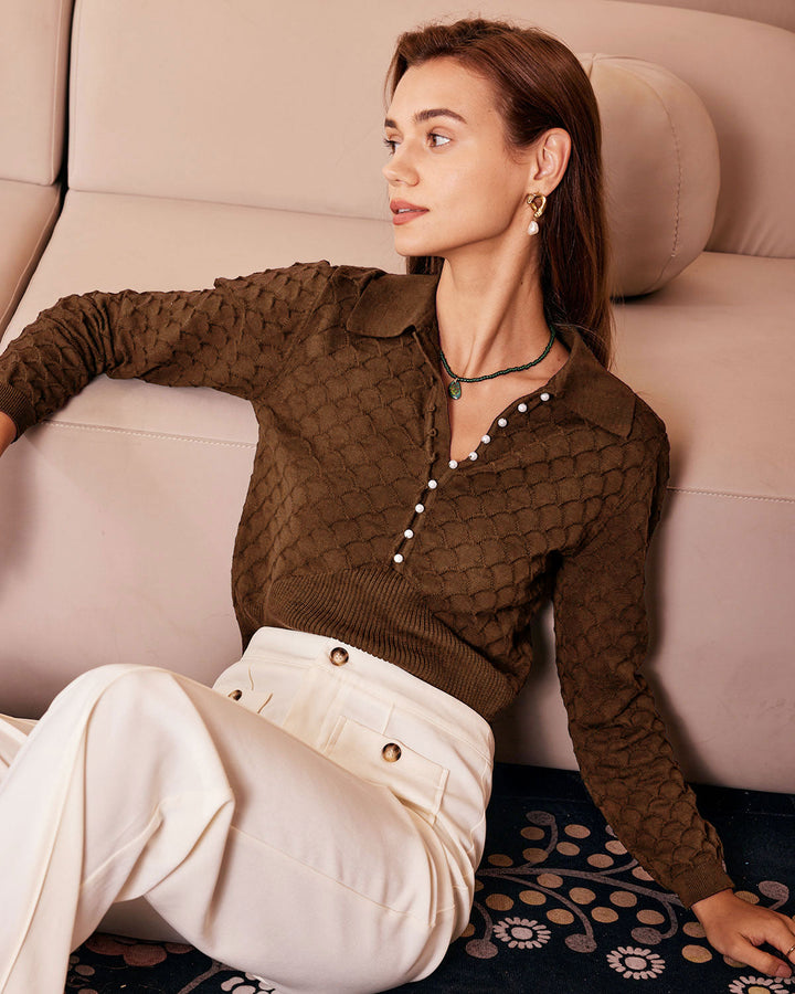 SALE | Brown Pearl Buttons Knit Tee