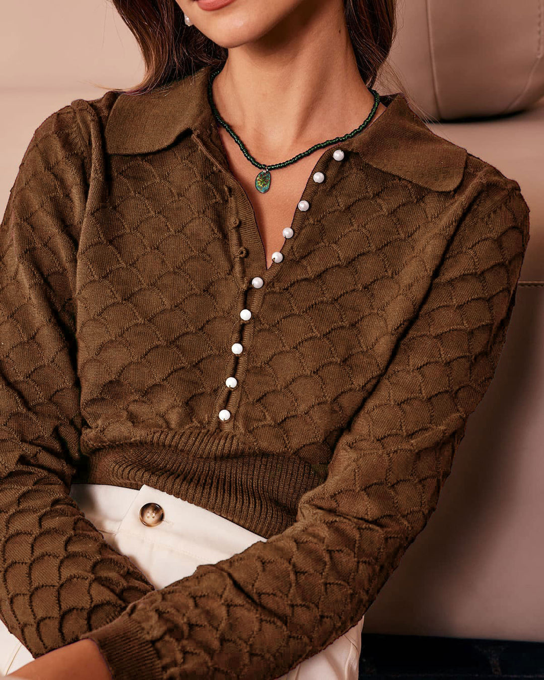 SALE | Brown Pearl Buttons Knit Tee