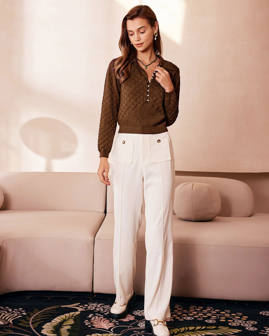 SALE | Brown Pearl Buttons Knit Tee