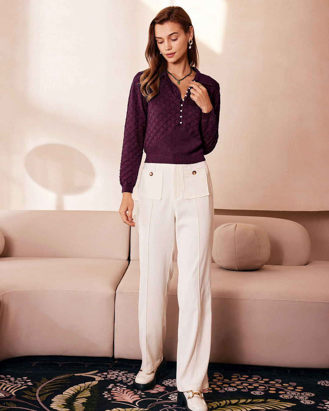 SALE | Purple Pearl Buttons Knit Tee