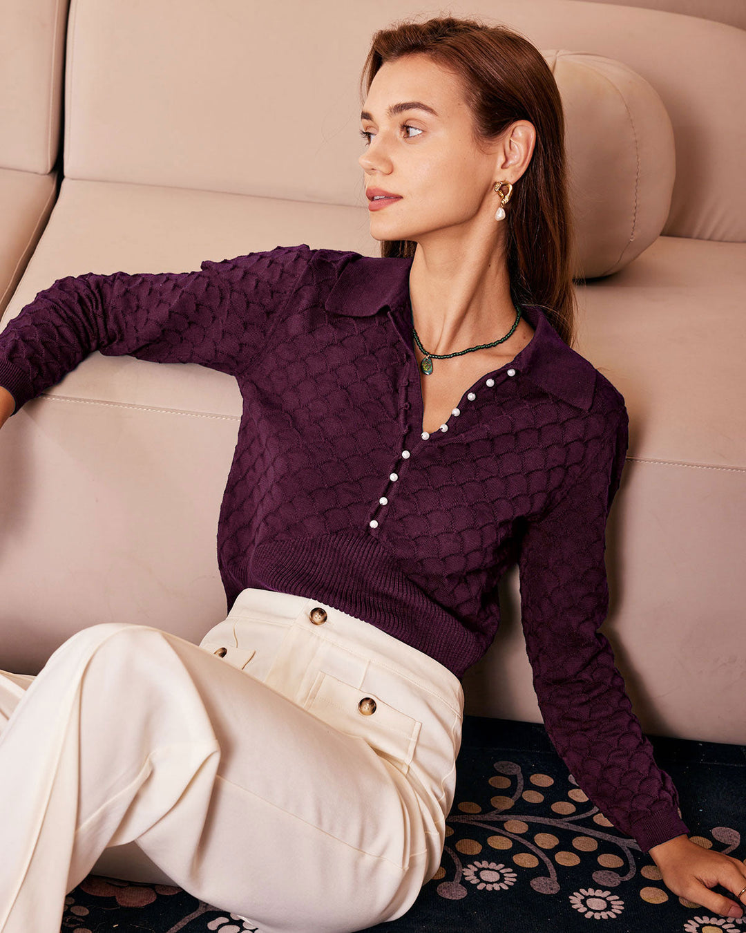 SALE | Purple Pearl Buttons Knit Tee