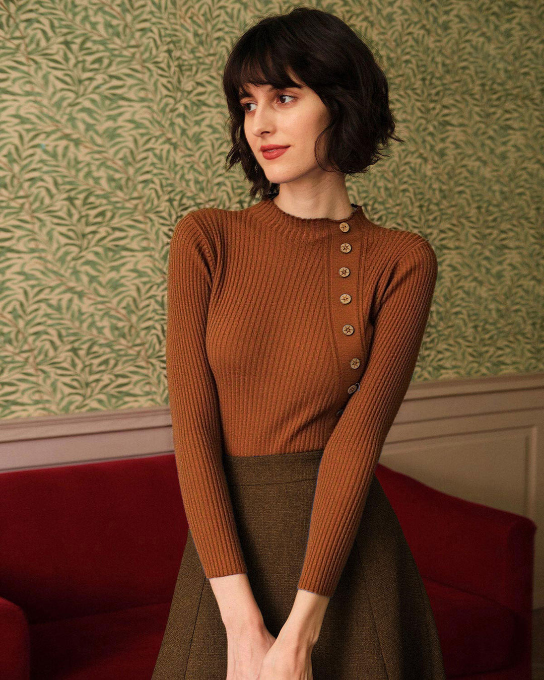SALE | Refined Caramel Ribbed Knit T-Shirt with Crew Neck