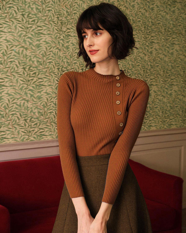 SALE | Refined Caramel Ribbed Knit T-Shirt with Crew Neck