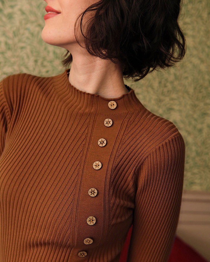 SALE | Refined Caramel Ribbed Knit T-Shirt with Crew Neck