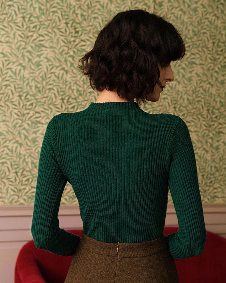 SALE | Sleeveless Green Turtleneck Ribbed Knit T-Shirt
