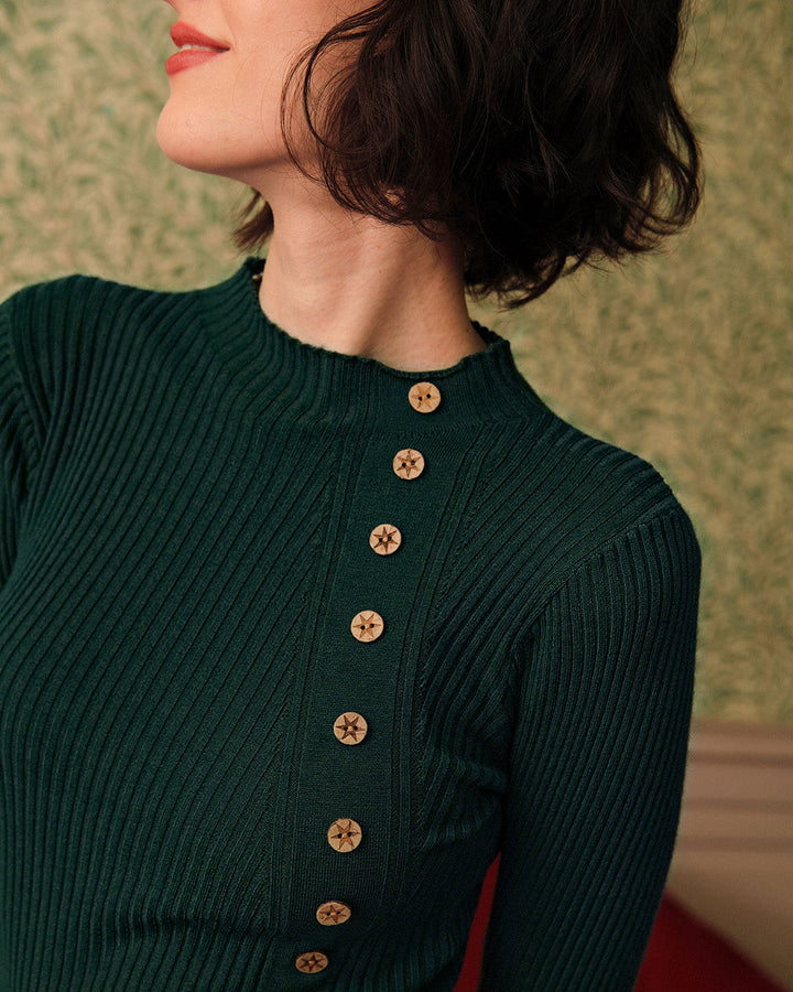 SALE | Sleeveless Green Turtleneck Ribbed Knit T-Shirt
