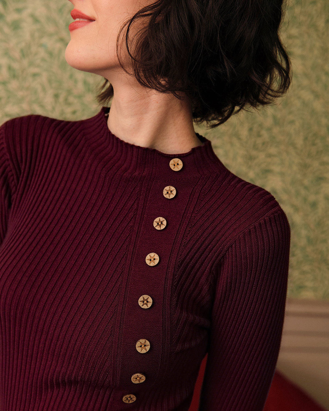 SALE | Wine Red Mock Neck Ribbed Knit Tee