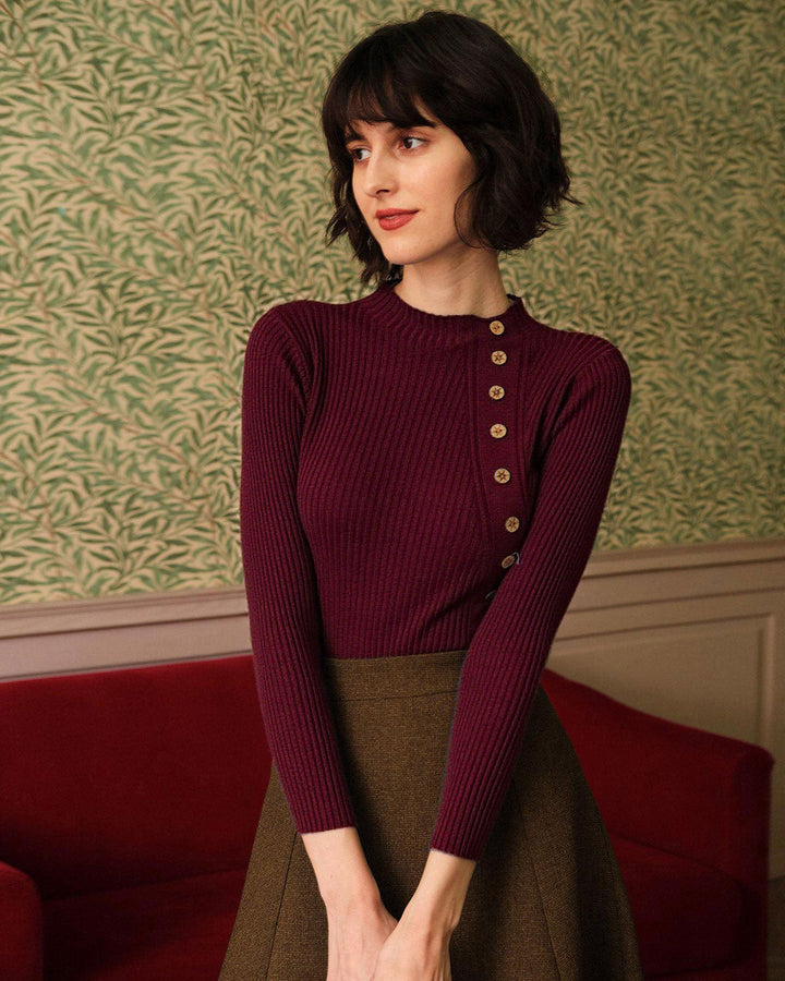 SALE | Wine Red Mock Neck Ribbed Knit Tee