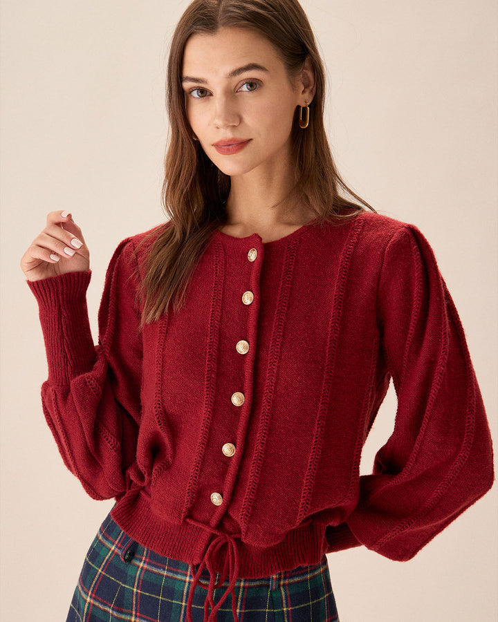 SALE | Red Lanterne Sleeve Cardigan with Single Buttons