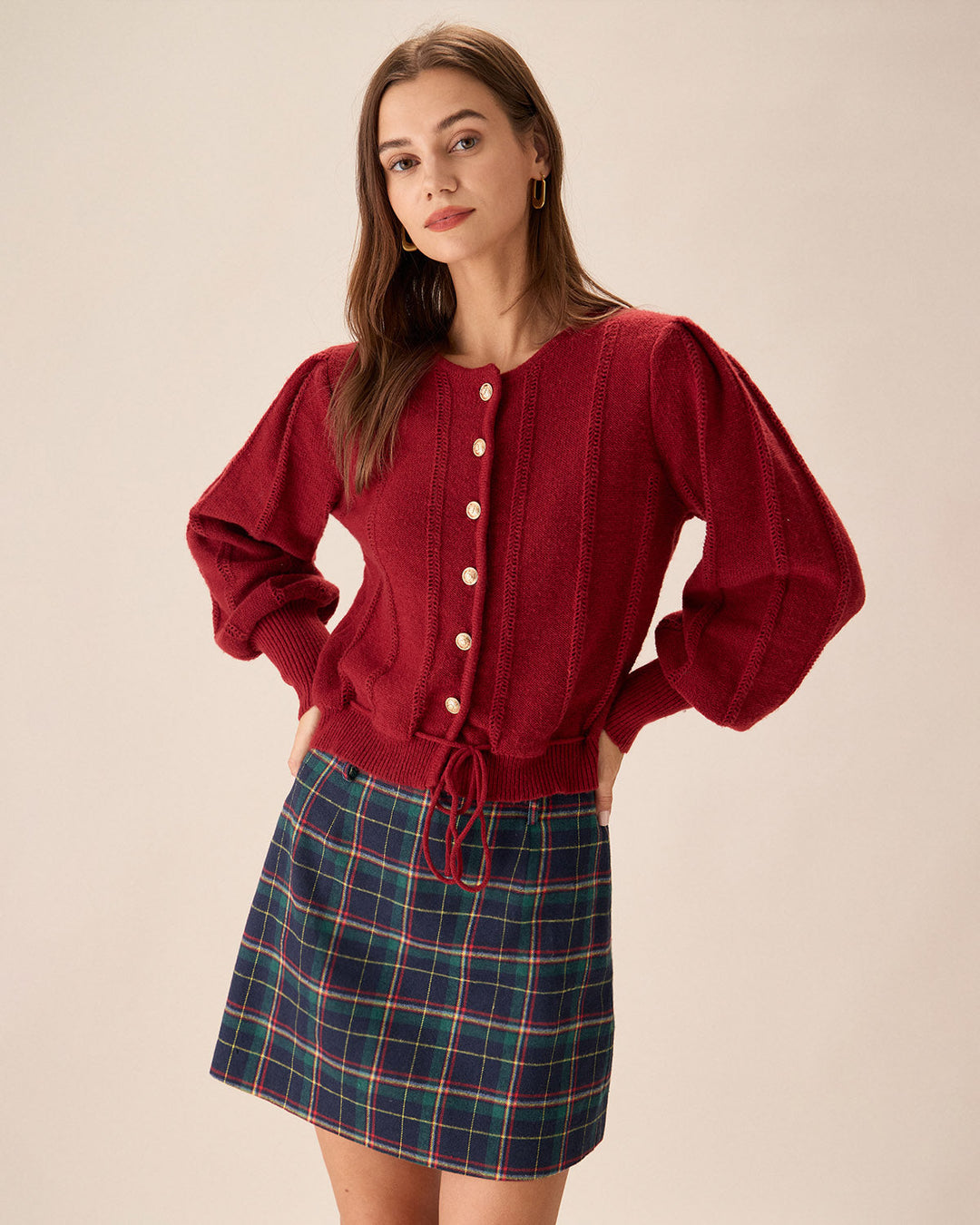 SALE | Red Lanterne Sleeve Cardigan with Single Buttons