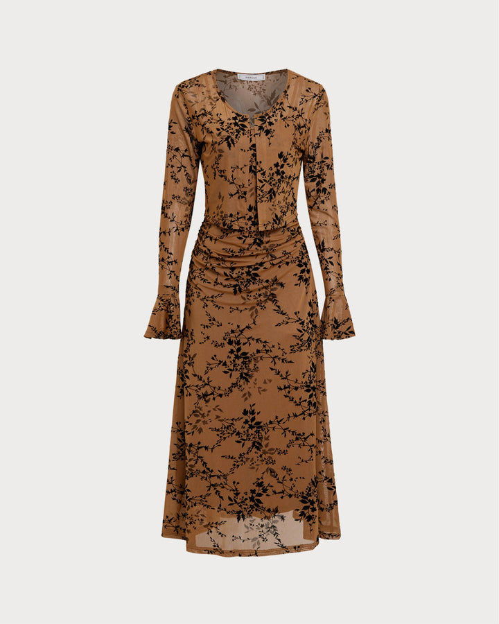 SALE | Brown Floral Two-piece Midi Dress