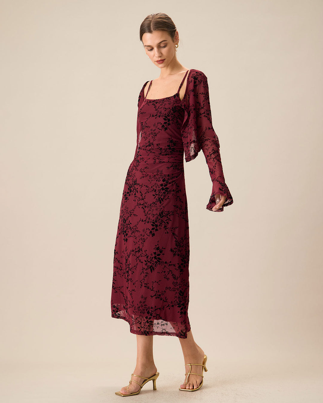 SALE | Elegant red floral pattern bodycon midi dress for a stylish appearance
